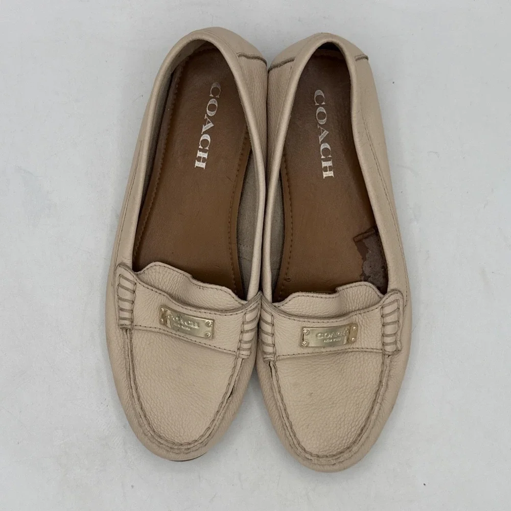 COACH Driving Loafers Fredrica Pebbled Leather Ivory Flats Slip On Womens 8.5B